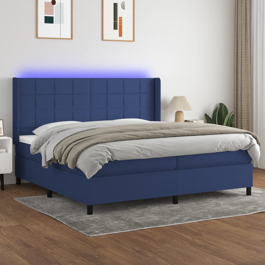 Boxspring Met Matras En Led Stof Blauw 200 x 200 cm Blok met vierkanten