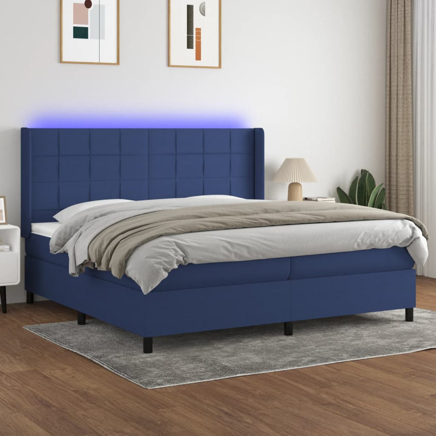 Boxspring Met Matras En Led Stof Blauw 200 x 200 cm Blok met vierkanten