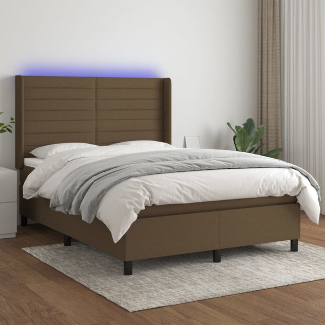 Boxspring Met Matras En Led Stof Donkerbruin 140 x 190 cm Horizontale strepen