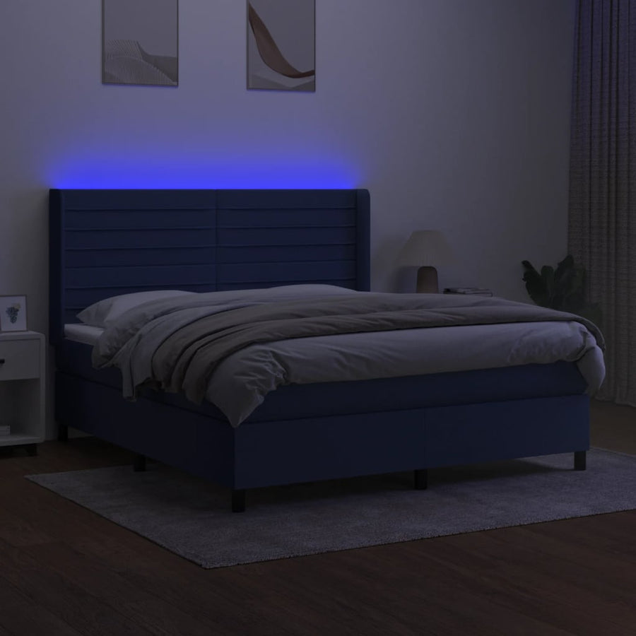 Boxspring Met Matras En Led Stof Blauw 160 x 200 cm Horizontale strepen