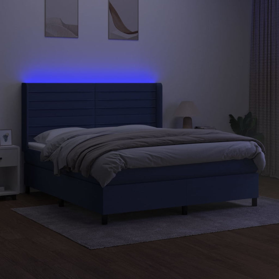 Boxspring Met Matras En Led Stof Blauw 180X200 Cm Blauw 180 x 200 cm Horizontale strepen