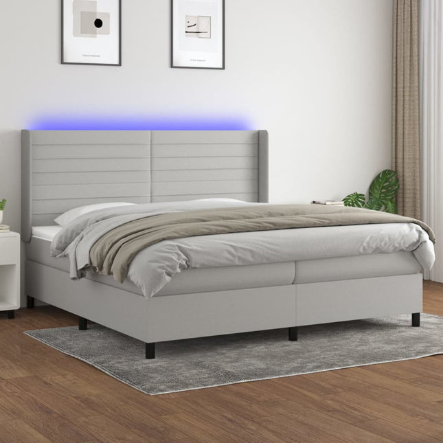 Boxspring met matras en LED stof lichtgrijs 200x200 cm 200 x 200 cm Horizontale strepen