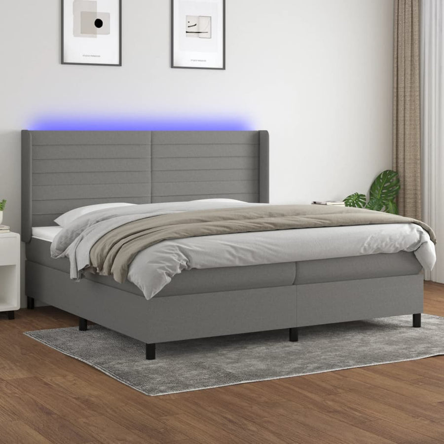 Boxspring Met Matras En Led Stof Donkergrijs 200 x 200 cm Horizontale strepen
