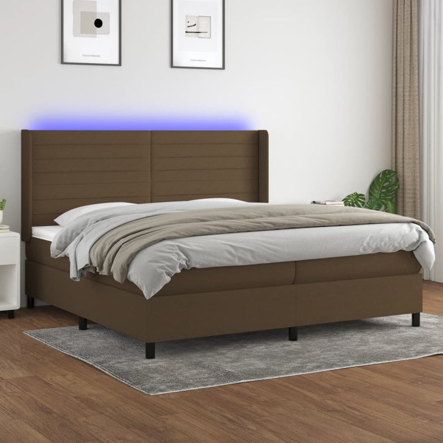 Boxspring Met Matras En Led Stof Donkerbruin 200X200 Cm 200 x 200 cm Horizontale strepen
