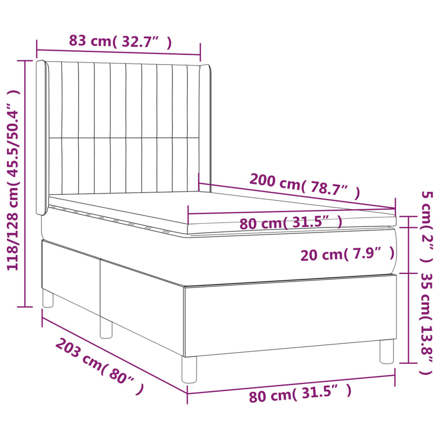 Boxspring Met Matras En Led Stof Zwart 80 x 200 cm Verticale strepen