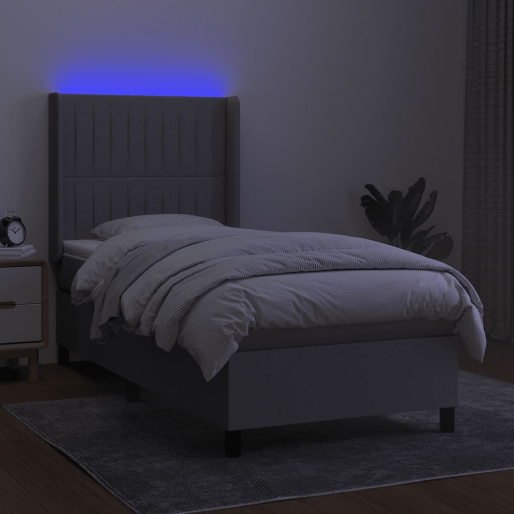 Boxspring met matras en LED stof lichtgrijs 90x190 cm 90 x 190 cm Verticale strepen