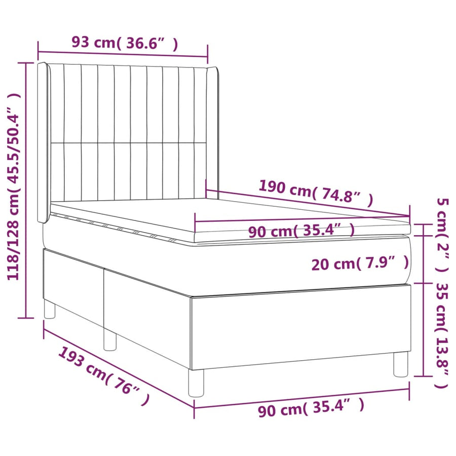Boxspring met matras en LED stof lichtgrijs 90x190 cm 90 x 190 cm Verticale strepen