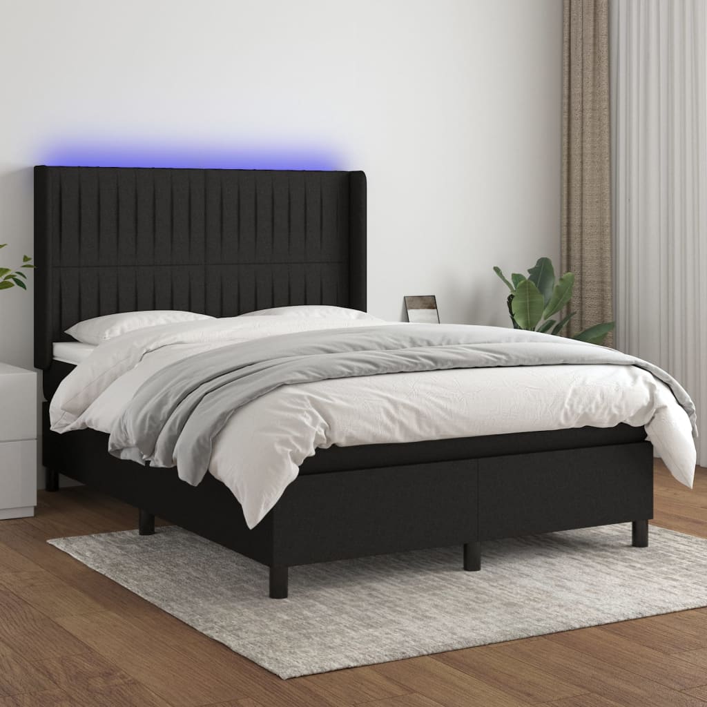 Boxspring Met Matras En Led Stof Zwart 140 x 190 cm Verticale strepen