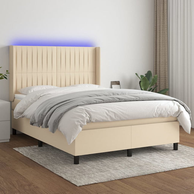 Boxspring Met Matras En Led Stof Kleurig Crème 140 x 190 cm Verticale strepen