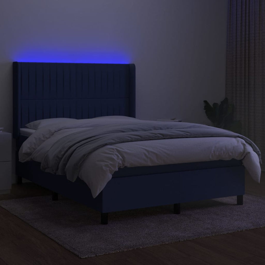 Boxspring Met Matras En Led Stof Blauw 140 x 200 cm Verticale strepen