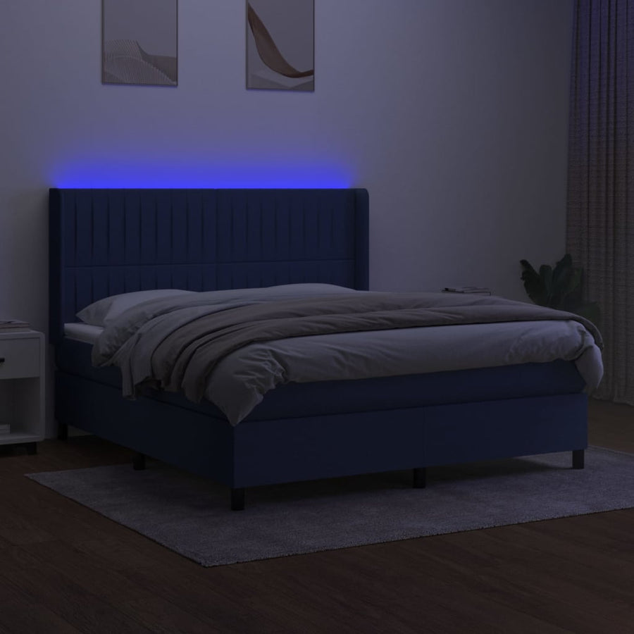 Boxspring Met Matras En Led Stof Blauw 160 x 200 cm Verticale strepen