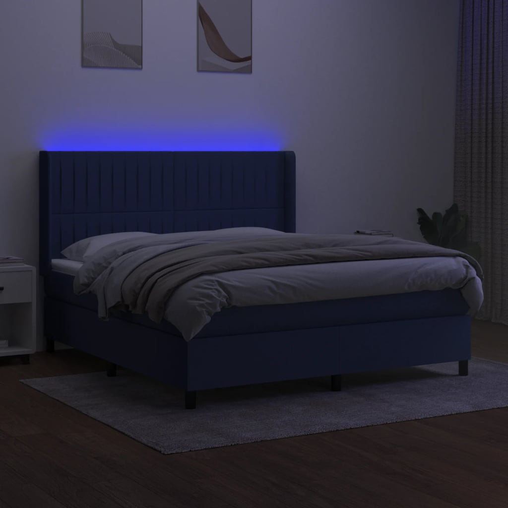Boxspring Met Matras En Led Stof Blauw 180 x 200 cm Verticale strepen
