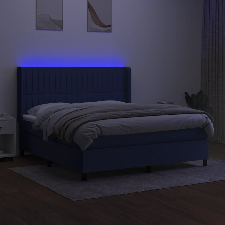 Boxspring Met Matras En Led Stof Blauw 180 x 200 cm Verticale strepen