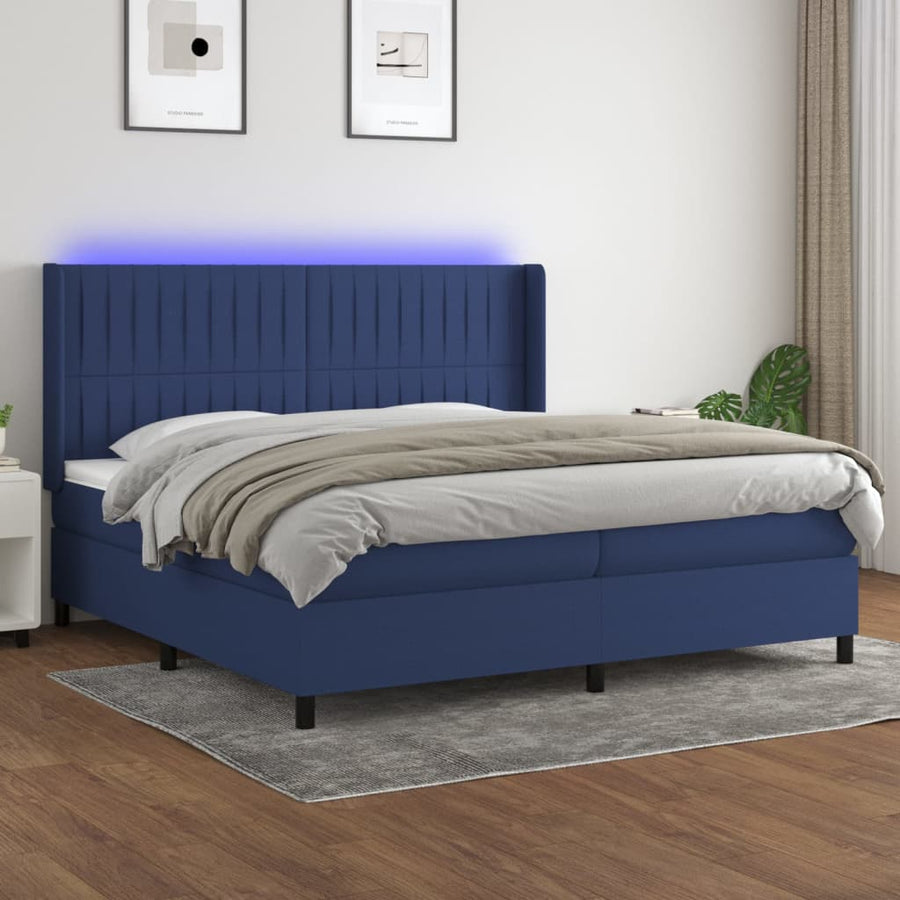 Boxspring Met Matras En Led Stof Blauw 200 x 200 cm Verticale strepen