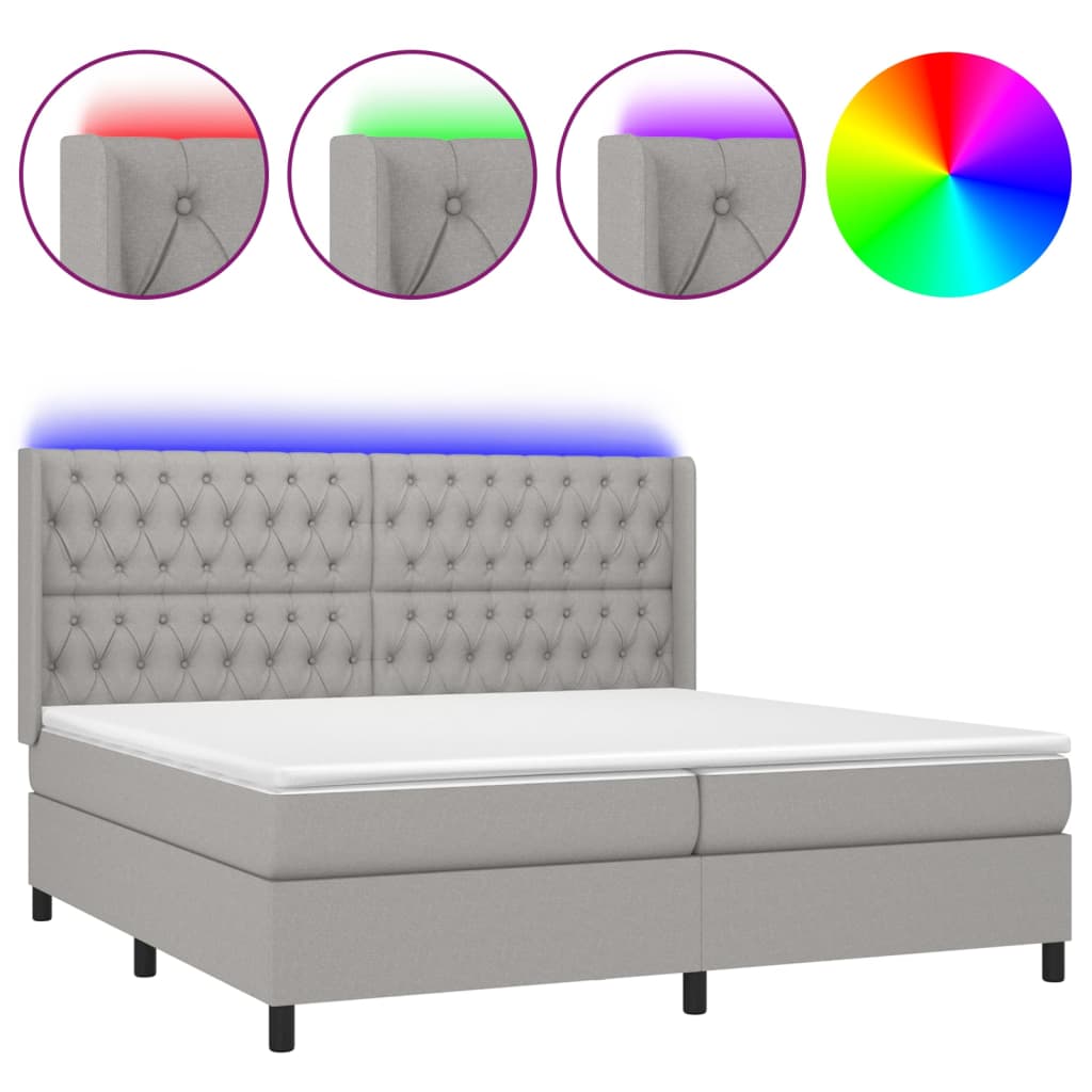 Boxspring met matras en LED stof lichtgrijs 200x200 cm 200 x 200 cm Lichtgrijs