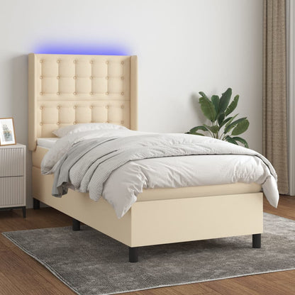 Boxspring Met Matras En Led Stof Crèmekleurig 80X200 Cm Crème 90 x 200 cm Knopen