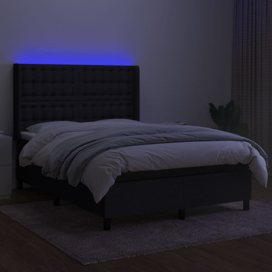 Boxspring Met Matras En Led Stof Zwart 140 x 200 cm Knopen