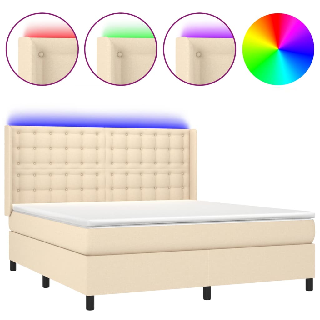 Boxspring Met Matras En Led Stof Crèmekleurig 180X200 Cm 180 x 200 cm Knopen