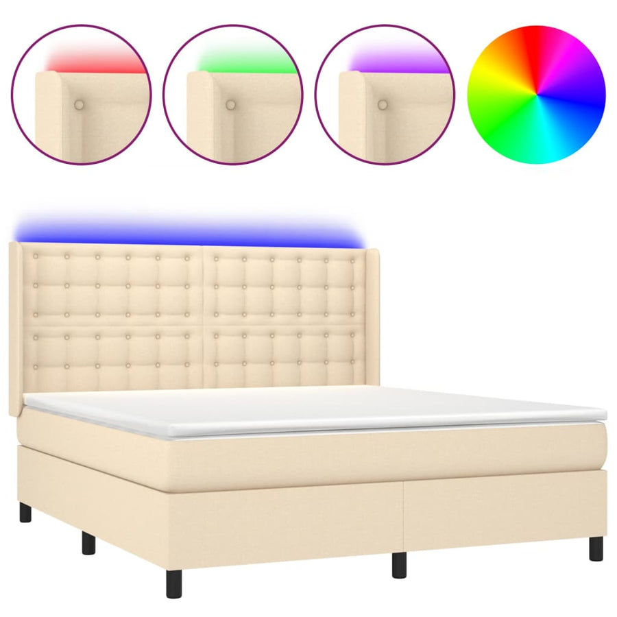 Boxspring Met Matras En Led Stof Crèmekleurig 180X200 Cm 180 x 200 cm Knopen