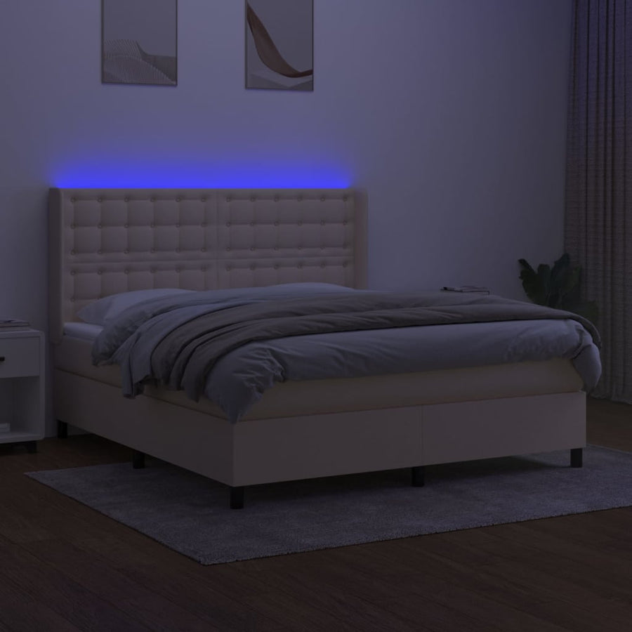 Boxspring Met Matras En Led Stof Crèmekleurig 180X200 Cm 180 x 200 cm Knopen