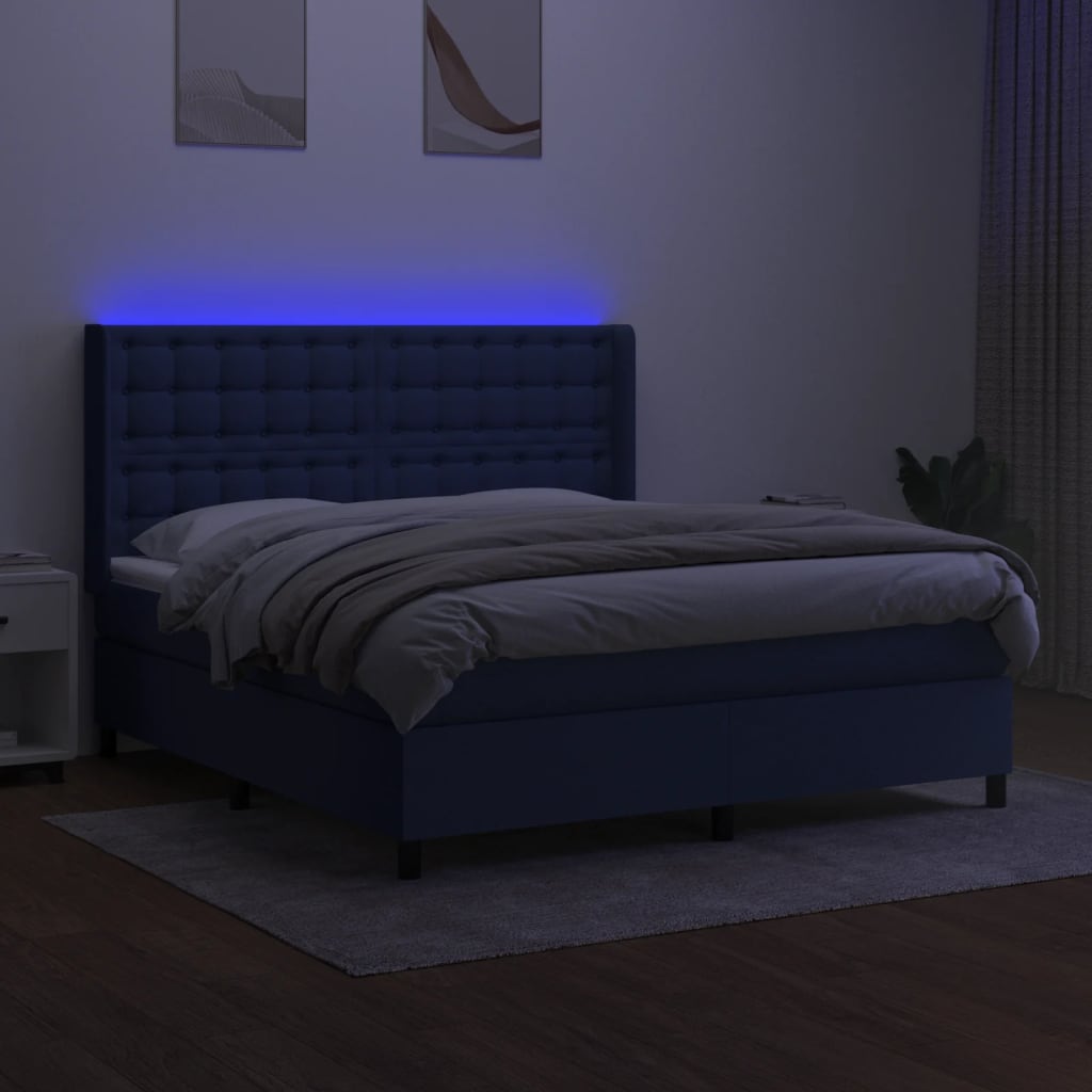 Boxspring Met Matras En Led Stof Blauw 180X200 Cm 180 x 200 cm Knopen