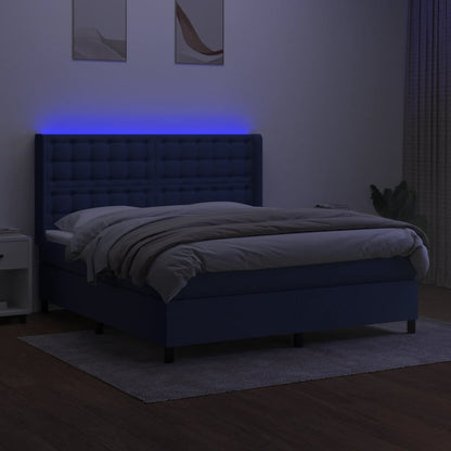 Boxspring Met Matras En Led Stof Blauw 180X200 Cm 180 x 200 cm Knopen