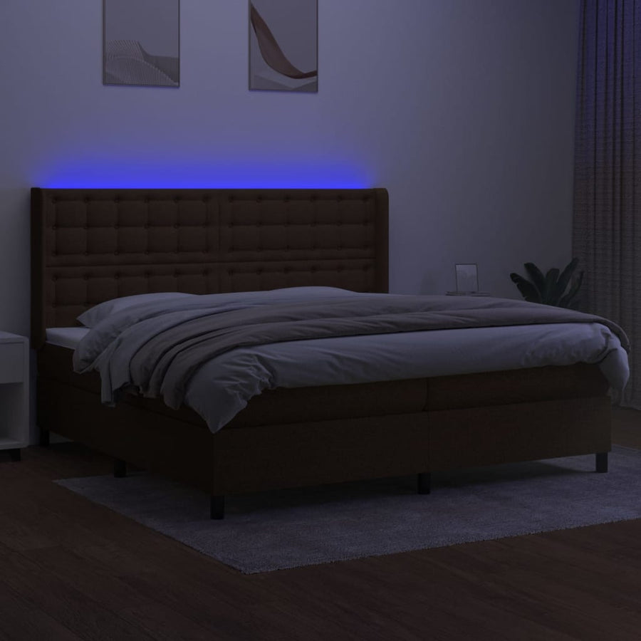Boxspring Met Matras En Led Stof Donkerbruin 200X200 Cm 200 x 200 cm Knopen