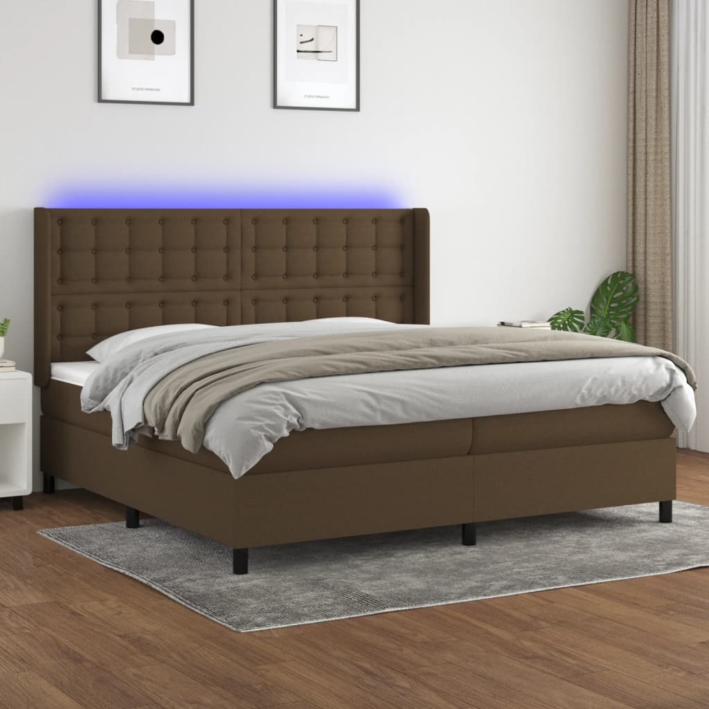 Boxspring Met Matras En Led Stof Donkerbruin 200X200 Cm 200 x 200 cm Knopen