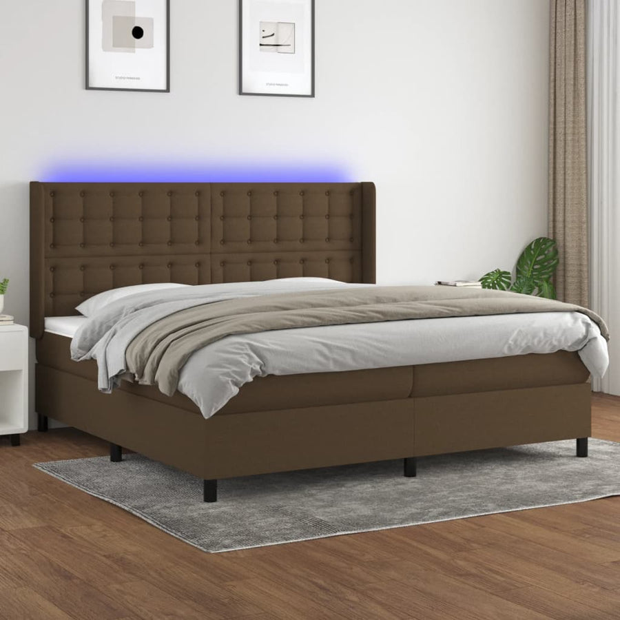 Boxspring Met Matras En Led Stof Donkerbruin 200X200 Cm 200 x 200 cm Knopen