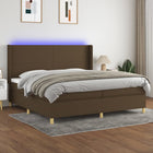 Box spring with mattress and dark brown LED fabric 200x200 cm