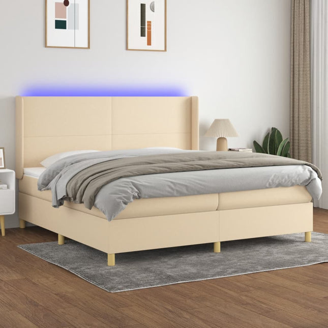 Boxspring met matras en LED stof crèmekleurig 200x200 cm 200 x 200 cm Effen ontwerp