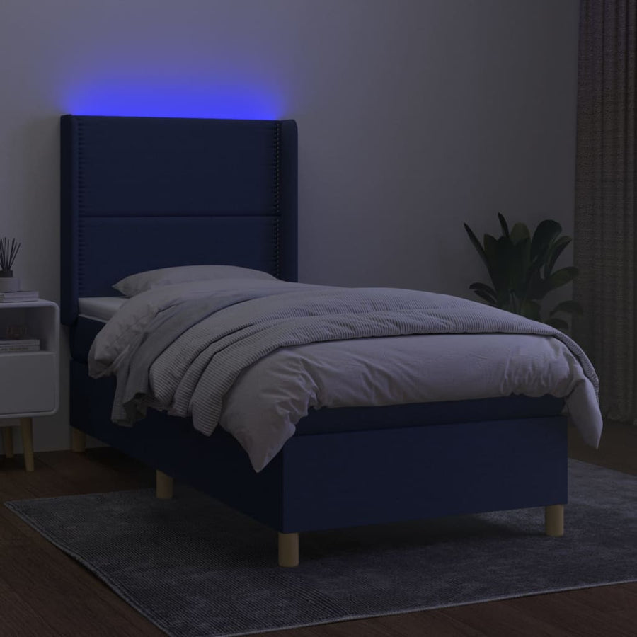 Boxspring Met Matras En Led Stof Blauw 90 x 200 cm Effen met spijkers