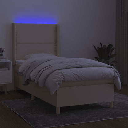Boxspring met matras en LED stof crèmekleurig 100x200 cm 100 x 200 cm Effen met spijkers