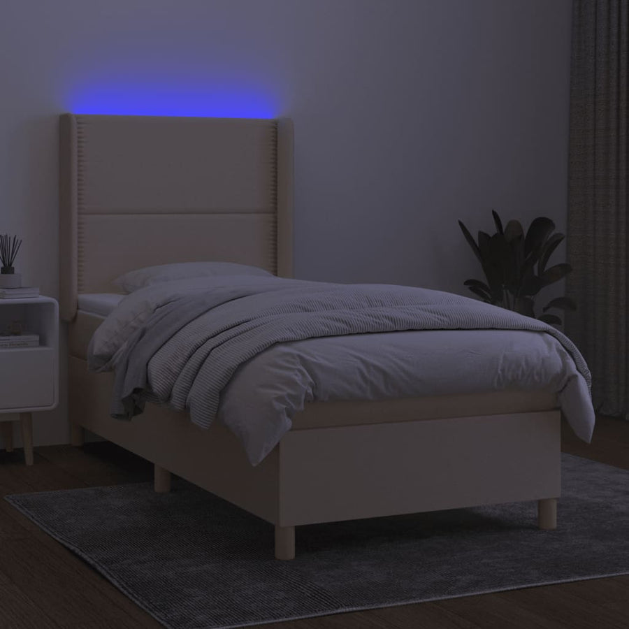 Boxspring met matras en LED stof crèmekleurig 100x200 cm 100 x 200 cm Effen met spijkers
