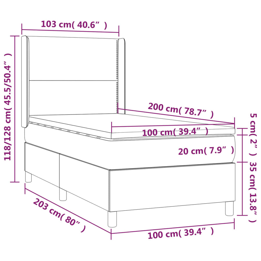Boxspring met matras en LED stof crèmekleurig 100x200 cm 100 x 200 cm Effen met spijkers