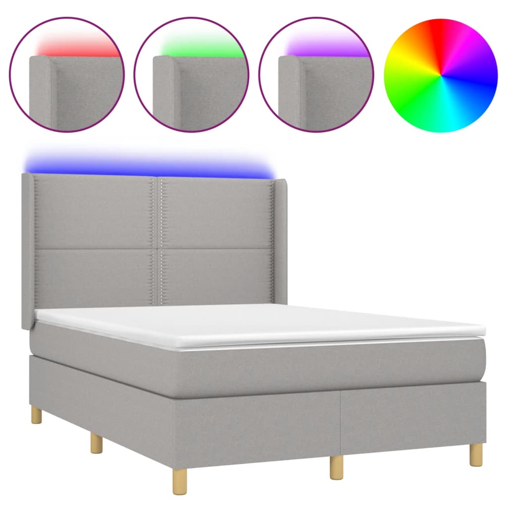 Boxspring Met Matras En Led Stof Lichtgrijs 140 x 190 cm Effen met spijkers