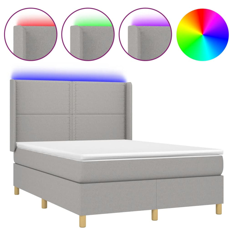 Boxspring Met Matras En Led Stof Lichtgrijs 140 x 190 cm Effen met spijkers
