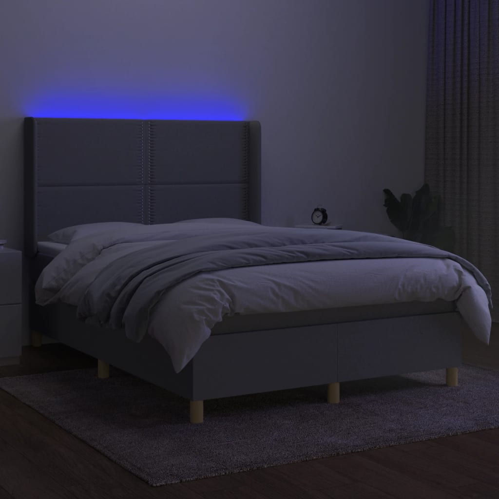 Boxspring Met Matras En Led Stof Lichtgrijs 140 x 190 cm Effen met spijkers