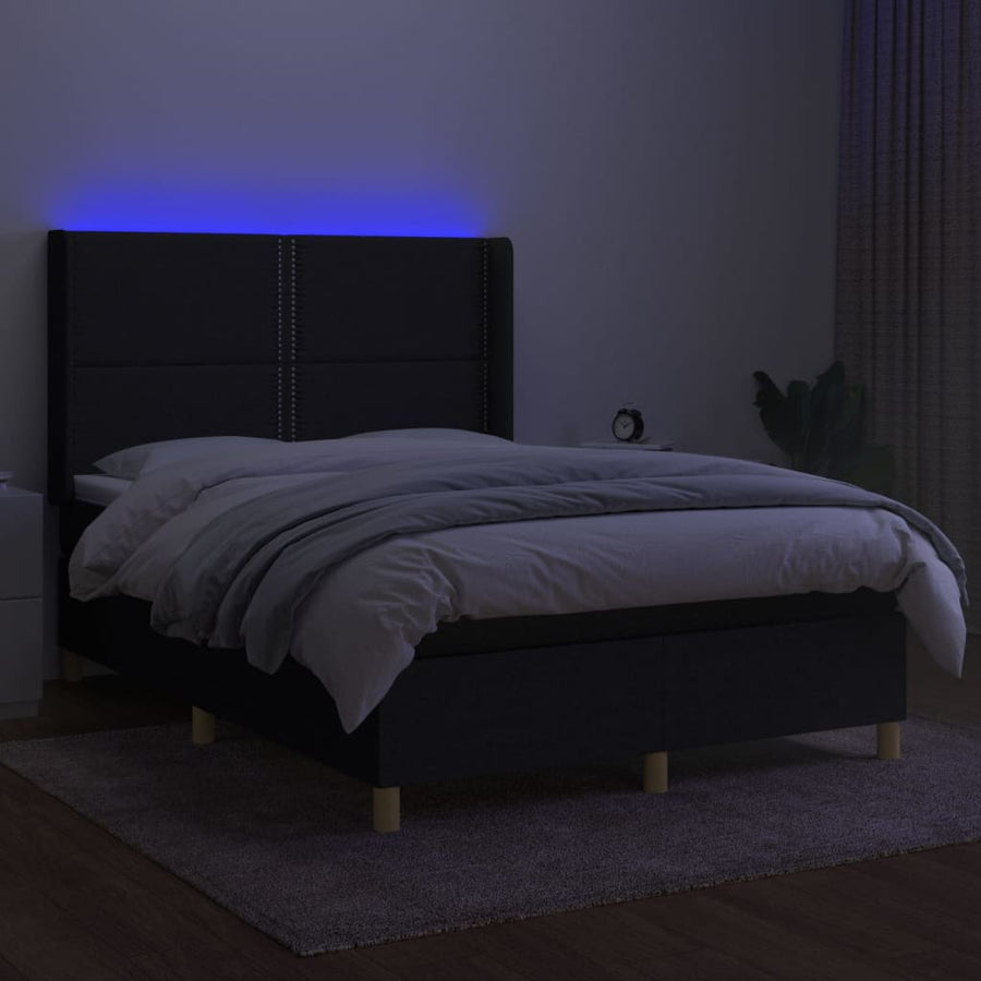 Boxspring Met Matras En Led Stof Zwart 140 x 190 cm Effen met spijkers