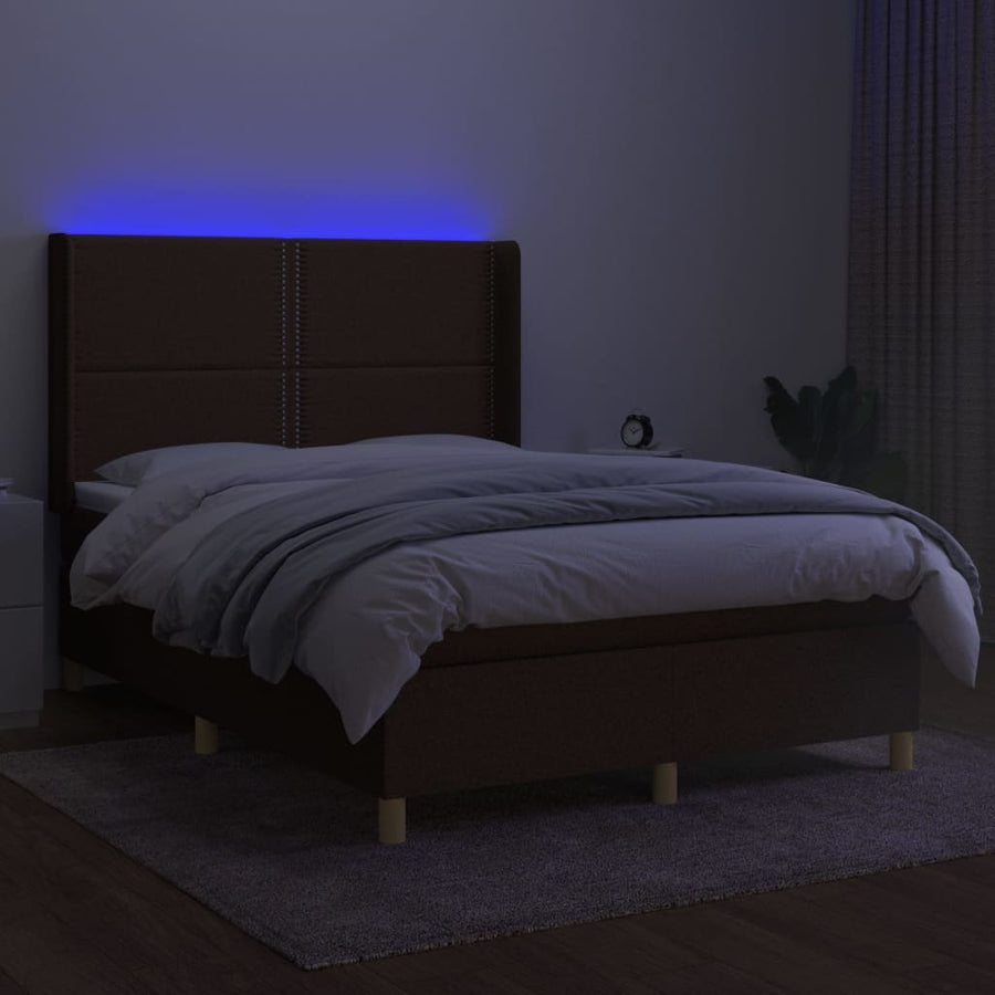 Boxspring Met Matras En Led Stof Donkerbruin 140 x 190 cm Effen met spijkers