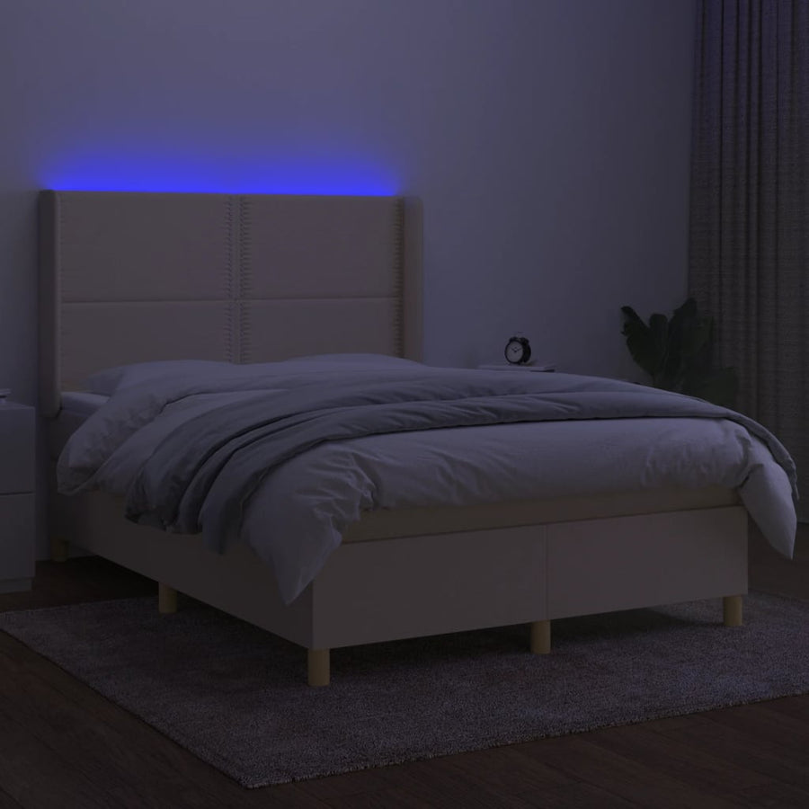 Boxspring met matras en LED stof crèmekleurig 140x200 cm 140 x 200 cm Effen met spijkers
