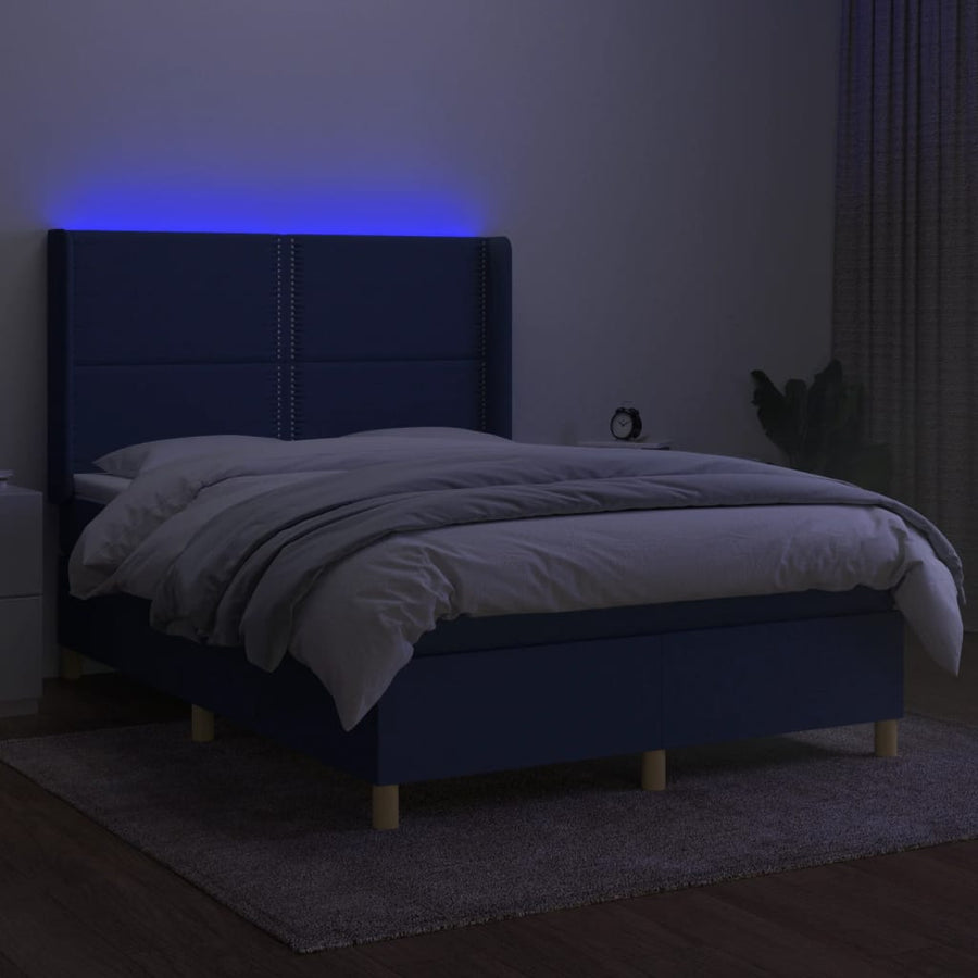 Boxspring Met Matras En Led Stof Blauw 140 x 200 cm Effen met spijkers