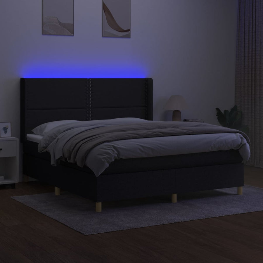 Boxspring Met Matras En Led Stof Zwart 180 x 200 cm Effen met spijkers