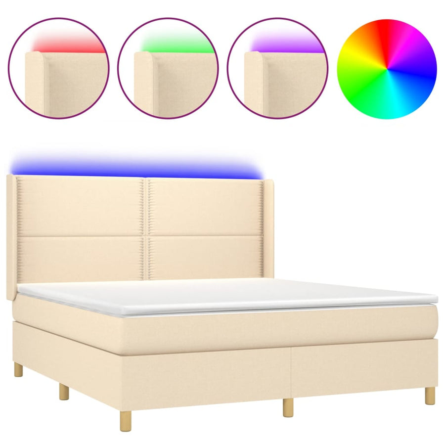 Boxspring Met Matras En Led Stof Crèmekleurig 180X200 Cm 180 x 200 cm Effen met spijkers
