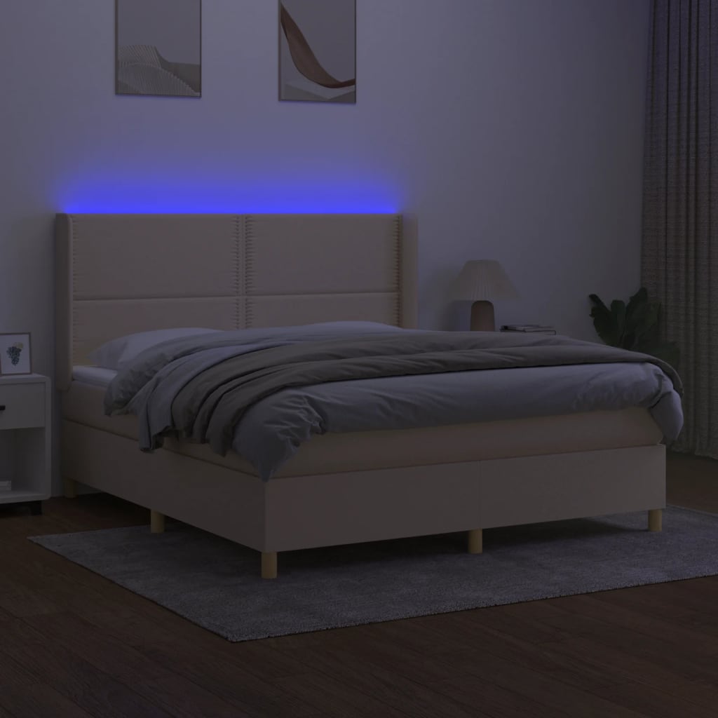 Boxspring Met Matras En Led Stof Crèmekleurig 180X200 Cm 180 x 200 cm Effen met spijkers