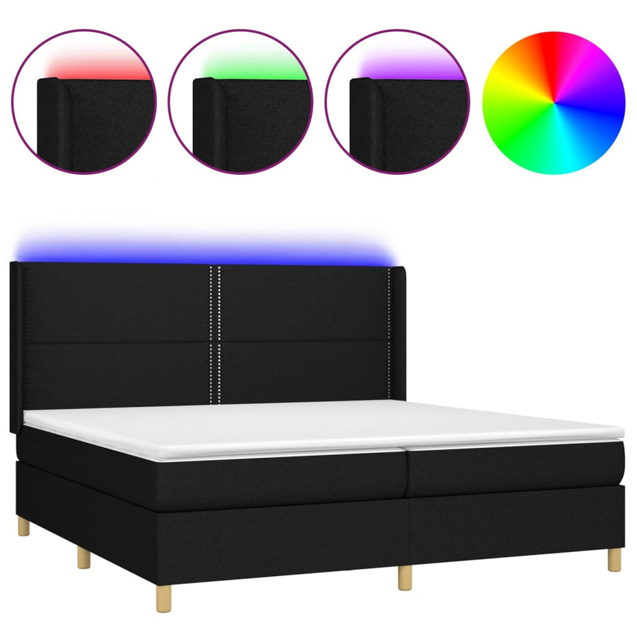 Boxspring Met Matras En Led Stof Zwart 200 x 200 cm Effen met spijkers