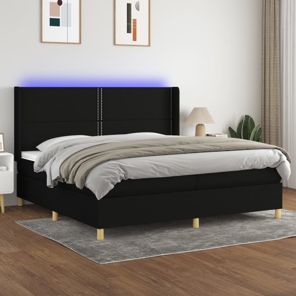 Boxspring Met Matras En Led Stof Zwart 200 x 200 cm Effen met spijkers