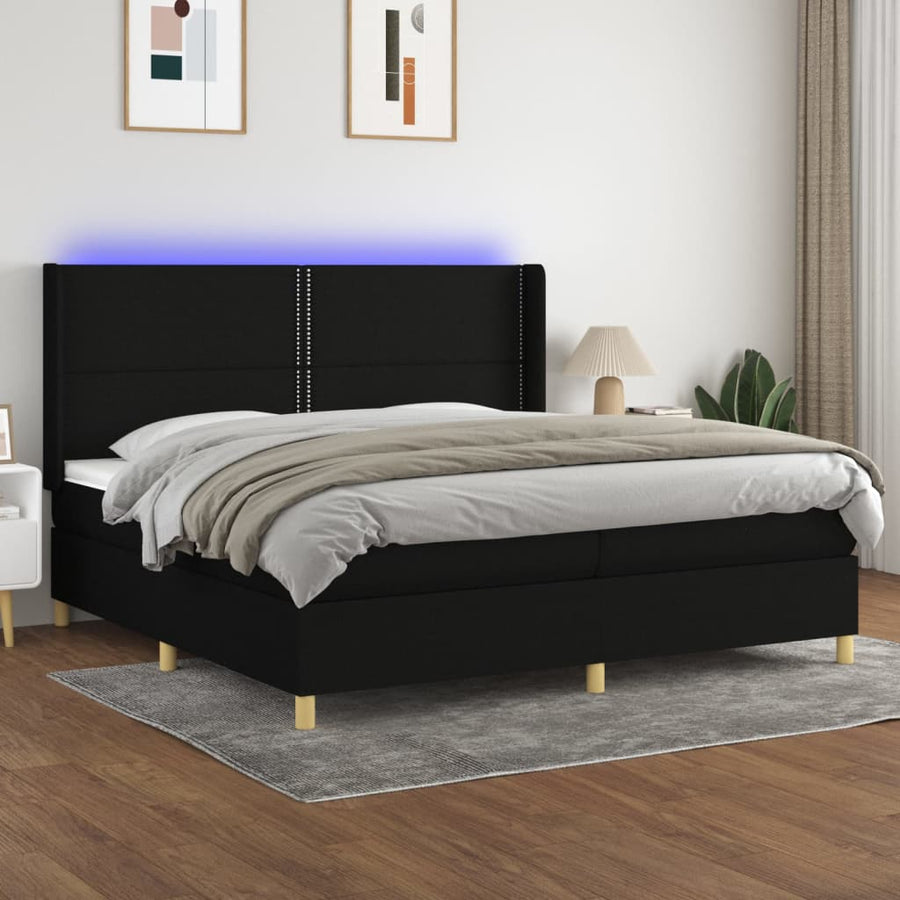 Boxspring Met Matras En Led Stof Zwart 200 x 200 cm Effen met spijkers