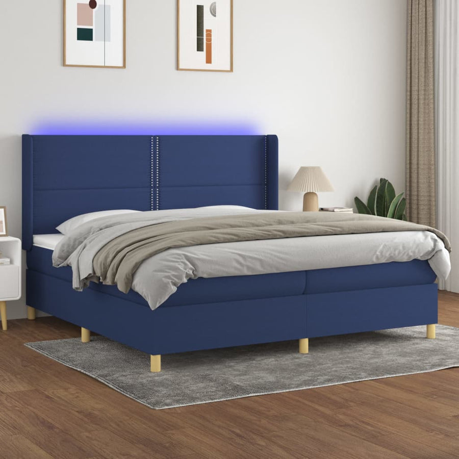 Boxspring Met Matras En Led Stof Blauw 200 x 200 cm Effen met spijkers