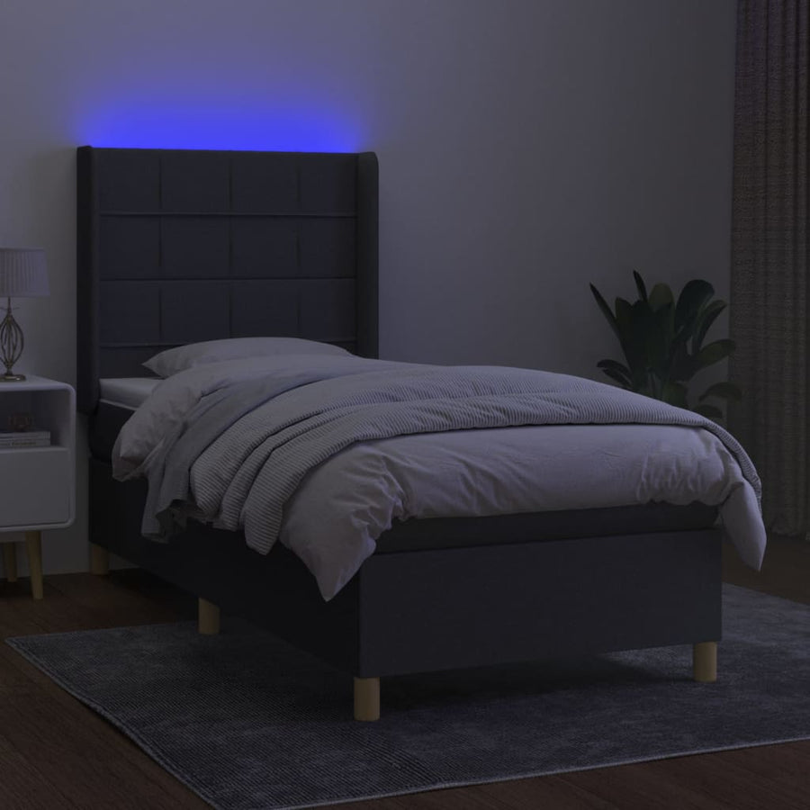 Boxspring Met Matras En Led Stof Donkergrijs 80 x 200 cm Blok met vierkanten